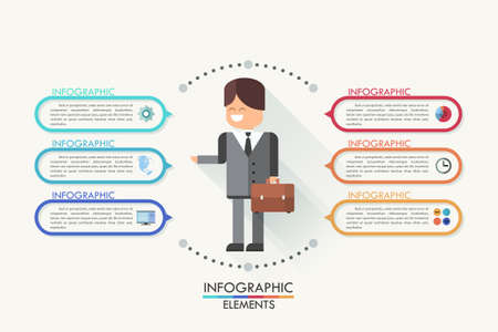 Modern infographics options banner with flat style doodle businessman and colorful frames for 6 options. Vector. Can be used for web design and  workflow layoutのイラスト素材