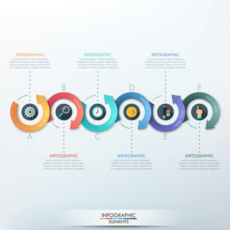Modern infographics options banner with 6-part arrow process. Can be used for web design, presentations, brochures and workflow layoutのイラスト素材