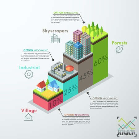 Modern infographic option banner with colorful isometric city bar chart. Flat 3d isometric creative tablet mobile services web infographics concept.のイラスト素材