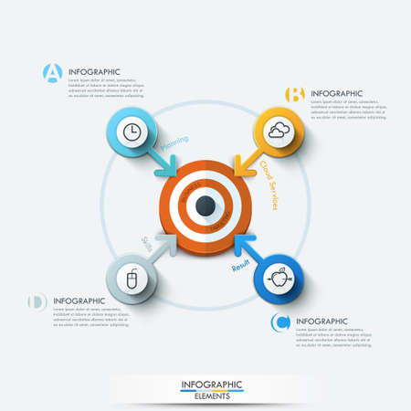 Business target marketing concept. Target with arrows and line icons for 4 options. Can be used for workflow layout, banner, diagram, web design, infographic template.のイラスト素材