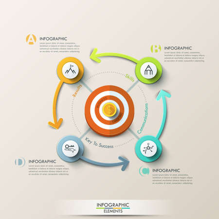 Business target marketing concept. Target with arrows and line icons for 4 steps. Can be used for workflow layout, banner, diagram, web design, infographic template.のイラスト素材