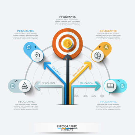 Business target marketing concept. Target with arrows and line icons for 5 steps. Can be used for workflow layout, banner, diagram, web design, infographic template.のイラスト素材