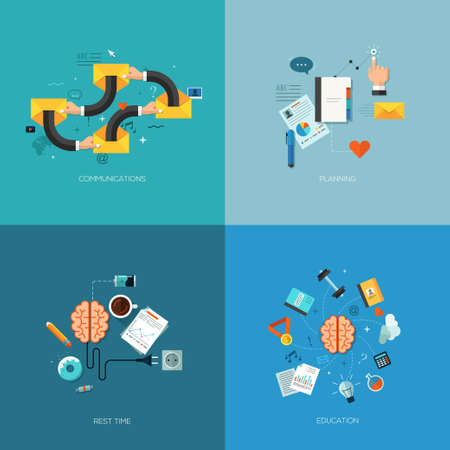 Vector seo flat and colorful business and finance concepts for communication, rest time, planning, education. Design elements for web and mobile applications, infographics and workflow layoutのイラスト素材
