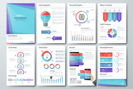 Data visualization brochures and infographic business templates. Use in website, corporate brochure, advertising and marketing. Pie charts, line graphs, bar graphs and timelines.のイラスト素材