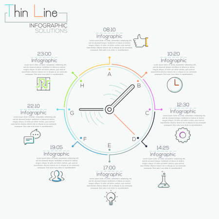 Modern infographics options banner with colorful clock in thin line style. Vector. Can be used for web design and workflow layoutのイラスト素材