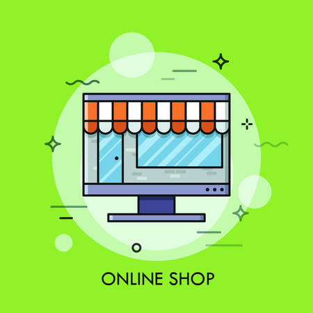 Thin line flat design of online store, internet shopping, shop building inside screen. Modern style logo vector illustration concept.のイラスト素材