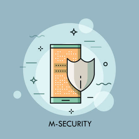 Shield and smartphone with lock screen, mobile security concept, payment protection, data encryption, information safety icon. Vector illustration in thin line style for website, banner, poster, blog.のイラスト素材