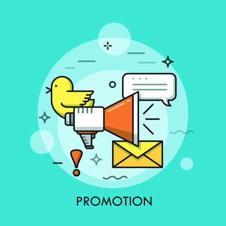 Internet marketing concept, business advertisement icon. Loudspeaker and speech bubble, announcement and promotion message. Vector illustration in thin line style for website, banner, header.のイラスト素材