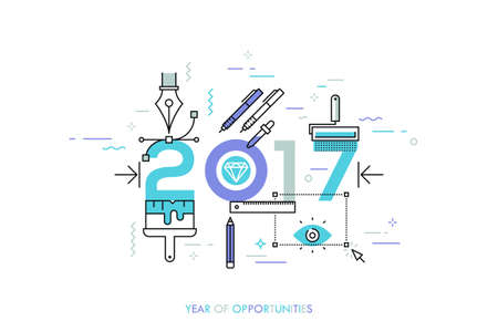 Infographic banner 2017 year of opportunities. New trends and prospects in graphic, web and digital design, concepts, techniques and tools for designers. Vector illustration in thin line style.のイラスト素材
