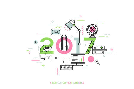 Infographic banner 2017 year of opportunities. New trends and prospects in internet blogging, communication, networking, online education and e-learning. Vector illustration in thin line style.のイラスト素材