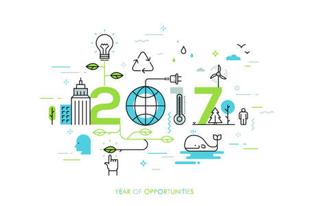 Infographic concept 2017 year of opportunities. New trends and prospects in environmental and eco-friendly technologies, energy saving, ecological recycling. Vector illustration in thin line style.のイラスト素材
