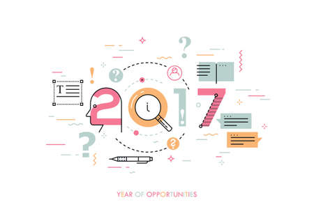Infographic concept 2017 year of opportunities. New trends and prospects in Copywriting, text editing applications and technologies, information search. Vector illustration in thin line style.のイラスト素材