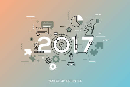 Infographic concept 2017 year of opportunities. Future trends and prospects in business challenges, strategies, international networking, communication. Vector illustration in thin line style.のイラスト素材