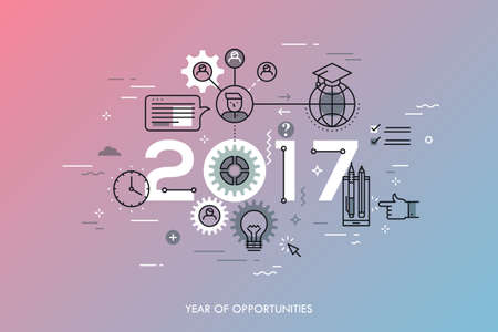Infographic concept 2017 year of opportunities. New trends and prospects in international education, student exchange programs, online and distance learning. Vector illustration in thin line style.のイラスト素材