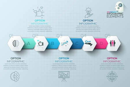 Modern infographics process template with paper sheets, polygons with rounded corners, arrows, icons and text for 5 steps. Vector. Can be used for web design, timeline and workflow layoutのイラスト素材
