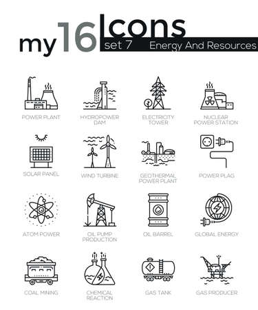 Modern thin line icons set of energy produsing industry, power plants, resources. Premium quality outline symbol collection. Simple mono linear pictogram pack. Stroke vector logo concept for web graphics.のイラスト素材