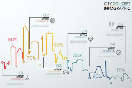 Modern infographic option banner with colorful thin line city shapes. Vector. Can be used for workflow layout, banner, diagram, web design, infographic template.のイラスト素材