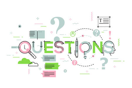 Thin line design concept for questions website banner. Vector illustration concept for frequently asked questions or questions and answers, client or customer support, product and service information.のイラスト素材