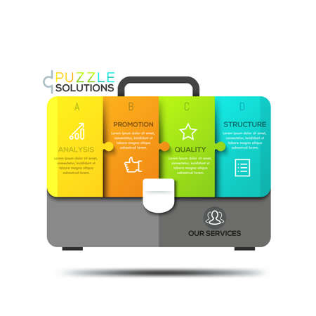 Infographic design template, jigsaw puzzle in shape of briefcase divided into 4 lettered piecesのイラスト素材