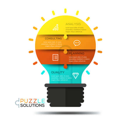 Infographic design template, jigsaw puzzle in shape of glowing light bulbのイラスト素材