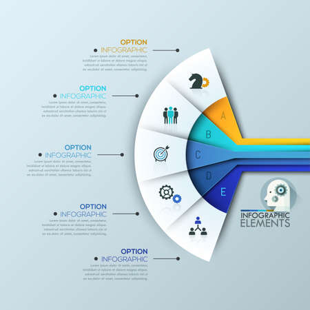 Creative infographic design layout, 5 connected sectoral lettered elementsのイラスト素材