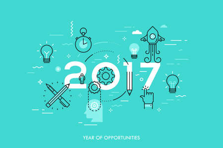 Infographic concept, 2017 - year of opportunities. New trends and predictions in startups, idea generation, innovations, modern thinking. Plans and prospectsのイラスト素材
