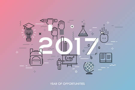 Infographic concept, 2017 - year of opportunities. New trends, prospects and predictions in science, scientific studies, schooling system and higher educationのイラスト素材