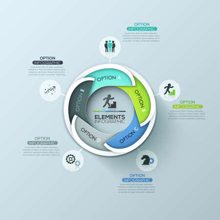 Creative round infographic design layout with 5 lettered overlapping elementsのイラスト素材