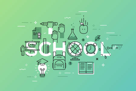 Thin line flat design banner of learning web pageのイラスト素材