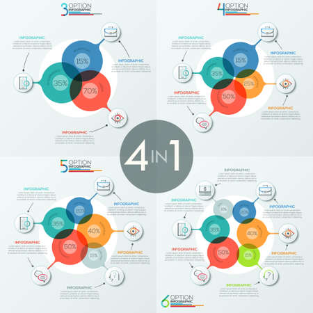 Set of modern infographic design templates with 3, 4, 5 and 6 overlapping translucent round elementsのイラスト素材