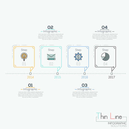 Horizontal timeline with 4 elements in shape of speech bubbles and text boxesのイラスト素材