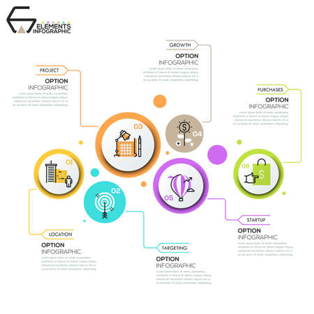 Modern infographic design layout, 6 round elements with pictogramsのイラスト素材