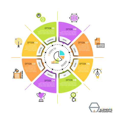 Unique infographic design template, circular diagram or pie chart with 8 sectors.のイラスト素材