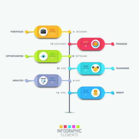 Infographic design layout with vertical timeline and 6 colorful rounded elementsのイラスト素材