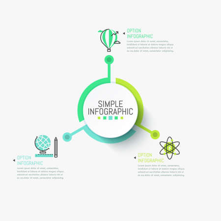 Simple infographic design template. Central circular element connected with three multicolored pictograms and text boxes.のイラスト素材