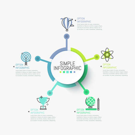 Minimalist infographic design layout. Round element in center connected with 5 symbols and text boxes.のイラスト素材