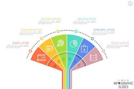 Minimal infographic design template. Fan diagram divided into 6 sectoral elements, pictograms and text boxesのイラスト素材