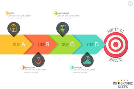 Minimalistic infographic design layout. Horizontal arrow consisted of 4 lettered elements and pointing at targetのイラスト素材