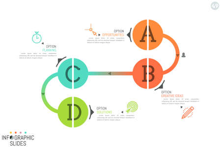 Minimalistic infographic design layout. Four round lettered elements connected by curved lineのイラスト素材