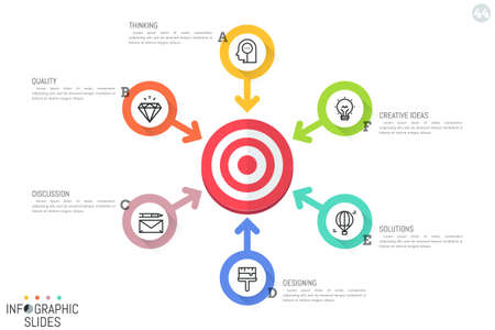 Infographic design layout. Round diagram with target central element, 6 arrows pointing at it, icons and text boxesのイラスト素材