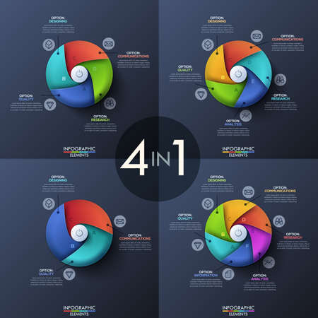 Bundle of four infographic design templates, circular diagrams with 3, 4, 5 and 6 spiral elements, start button in center, icons and text boxesのイラスト素材