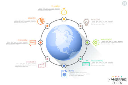 Eight pictograms and text boxes located around globe. Minimal infographic design layout.のイラスト素材