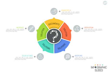 Round diagram divided into 5 multicolored sectoral elements with arrows pointing at icons and text...