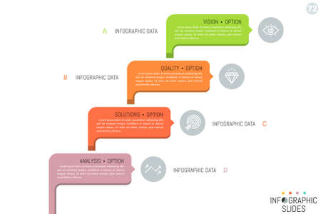 Four colorful rounded rectangles with pictograms and text boxes.のイラスト素材