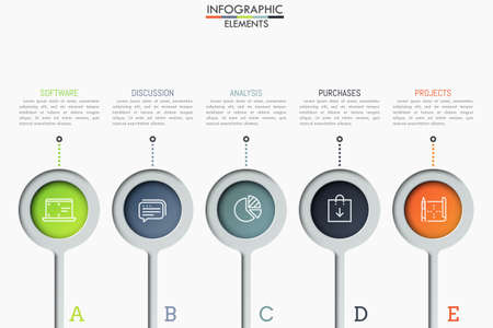 Five separate round elements with thin line icons inside and text boxes. Steps to software product release concept. Creative infographic design layout.のイラスト素材