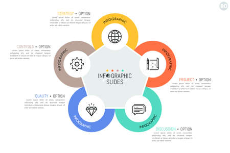 Five round elements with linear symbols inside located around pentagon. Main features of strategic management model concept.のイラスト素材