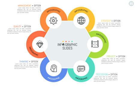 Six circular elements with linear icons inside placed around hexagon in center.のイラスト素材