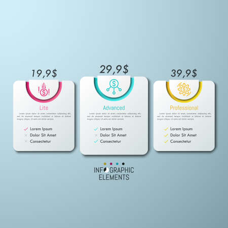 3 rounded rectangles with price indication, icons, place for information and check list.のイラスト素材