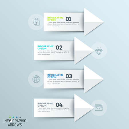 Four paper white numbered arrows pointing at thin line icons. Minimalistic infographic design template.のイラスト素材