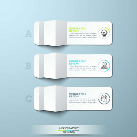 Three lettered pieces of folded white paper with thin line icons and text boxes. Minimal infographic design layout.のイラスト素材
